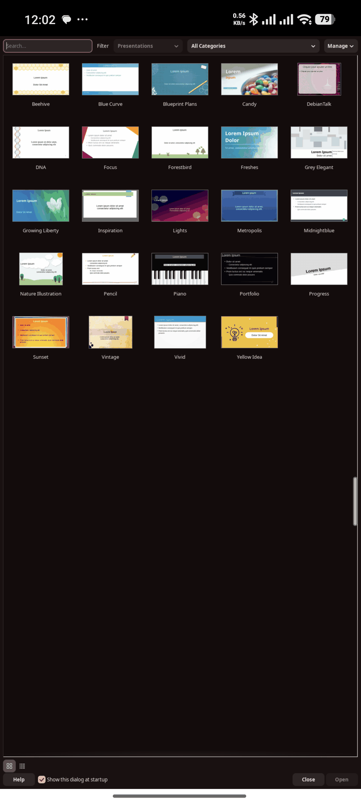 LibreOffice Impress running full screen, themed