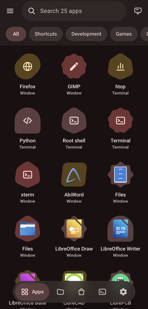 Tessera's launcher with Linux apps, search and the desktop button
