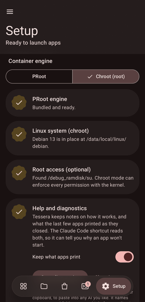Setup, choosing PRoot or chroot